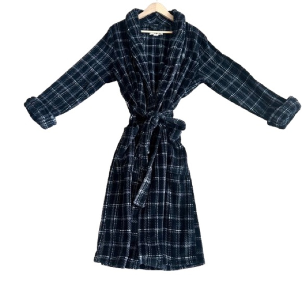 Tommy Bahama Mens Plush Robe Gray Plaid Belted Pockets Long Cozy Sz S/M Capsule